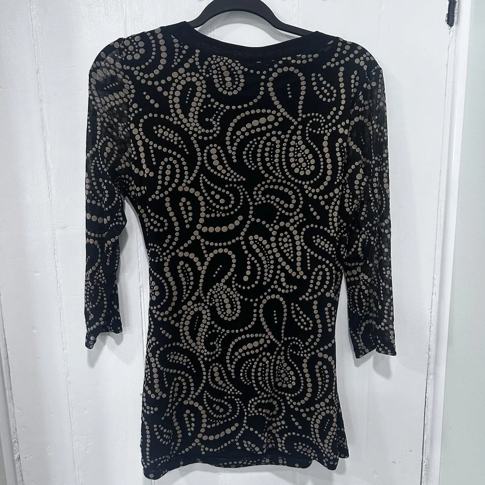 INC International Concepts Black Faux Wrap Blouse Beige Dot Paisley Pattern M